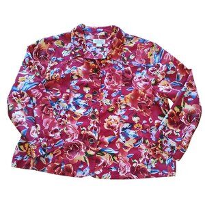 CJ Banks 2X Red Floral Cotton Button Jacket 25" Pit To Pit 24" Length